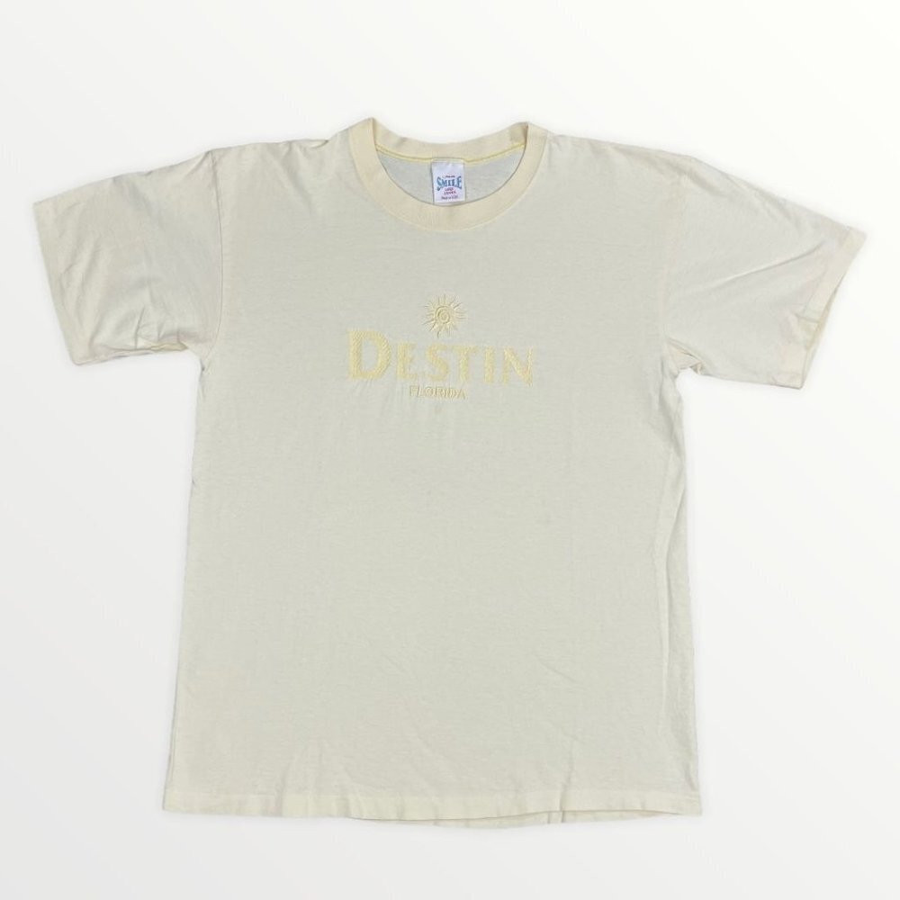 Vintage Single Stitch Pale Yellow Cotton T-Shirt Destin Florida Embroidered USA